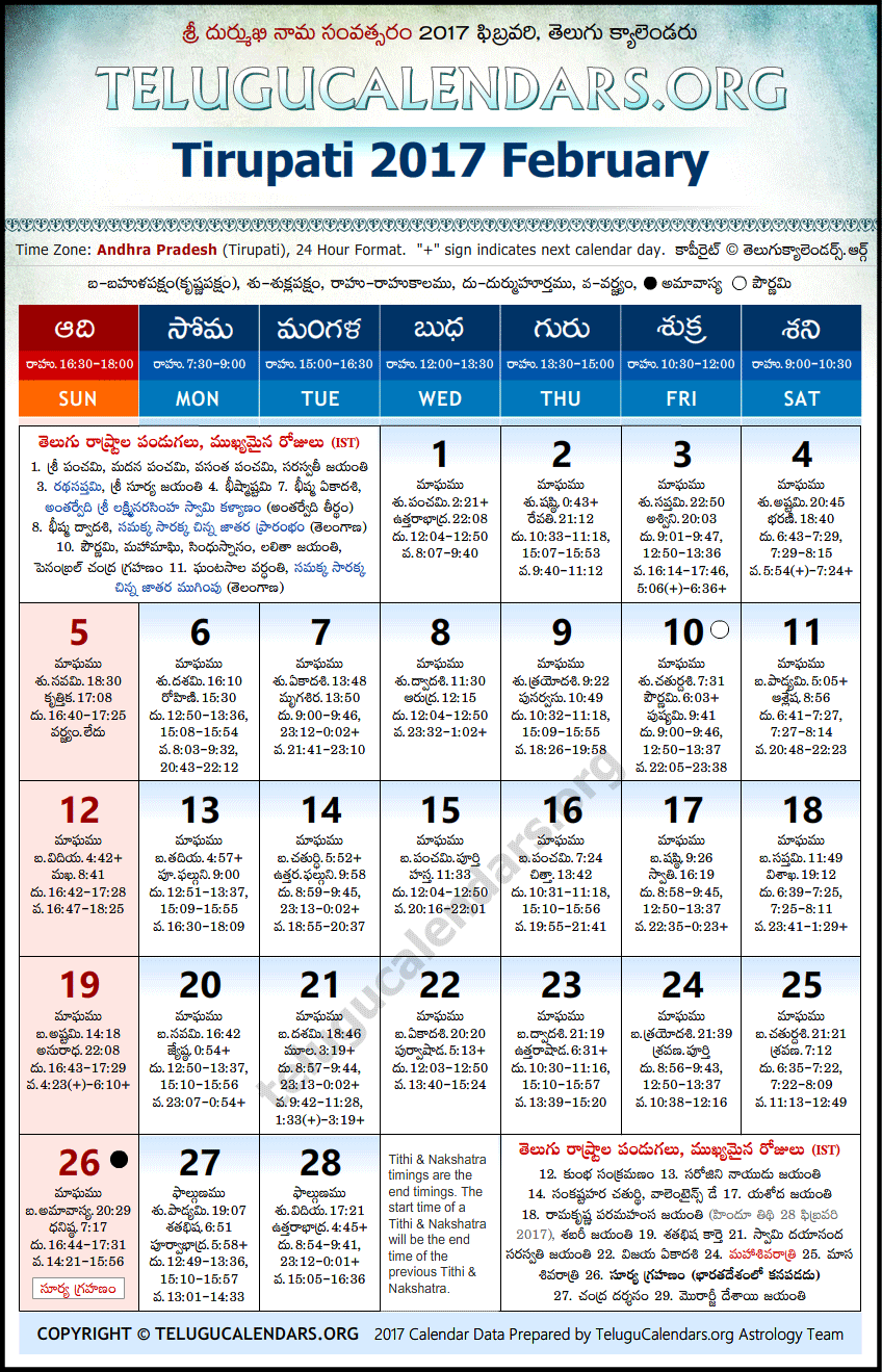 Telugu Calendar 2017 February, Tirupati