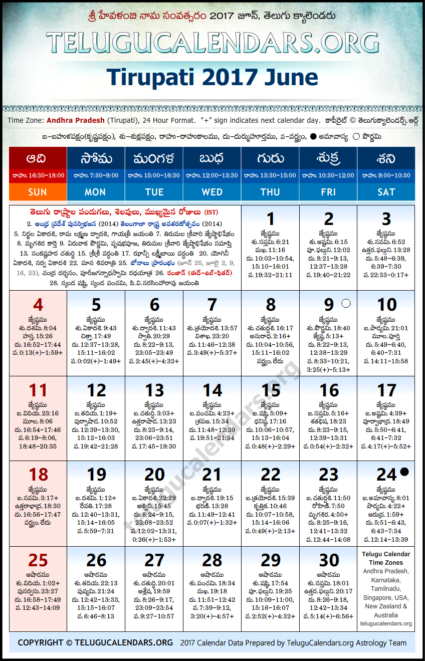 Telugu Calendar 2017 June, Tirupati