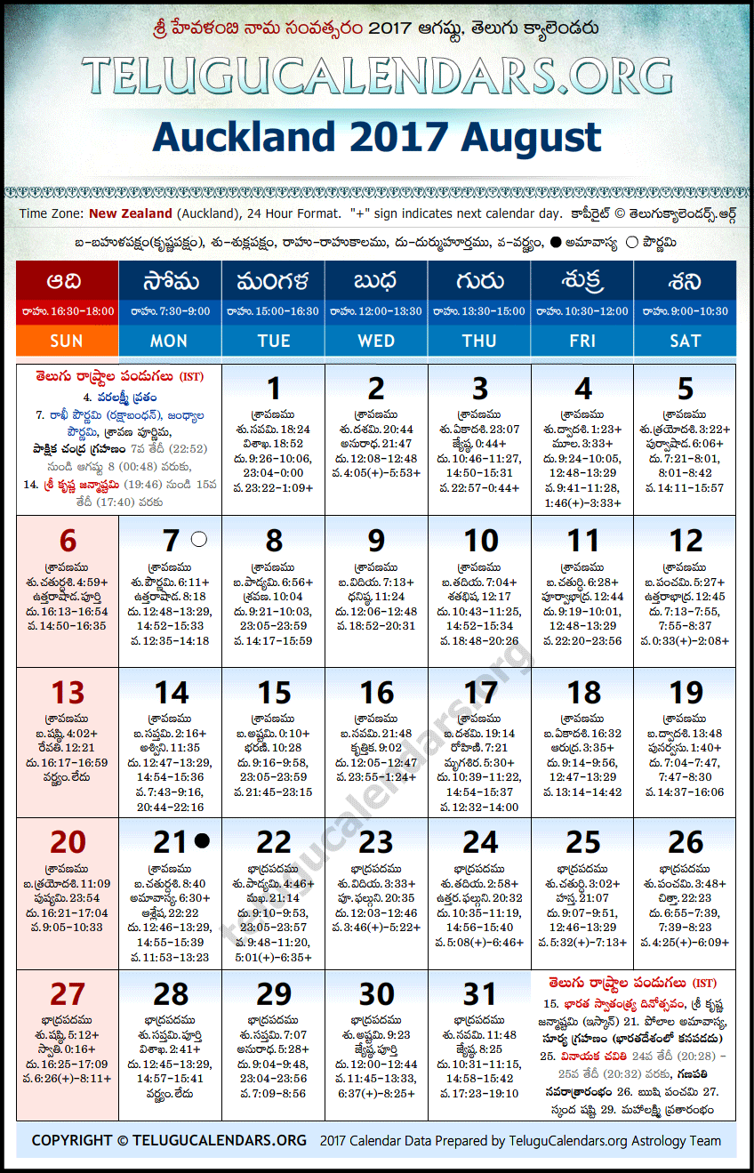 Telugu Calendar 2017 August, Auckland