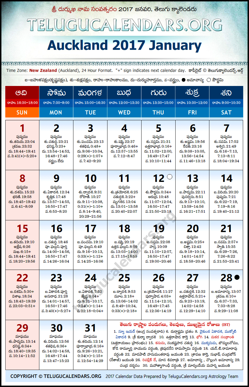 Telugu Calendar 2017 January, Auckland