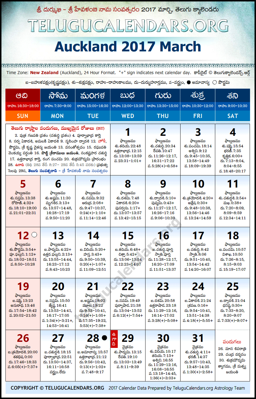 Telugu Calendar 2017 March, Auckland