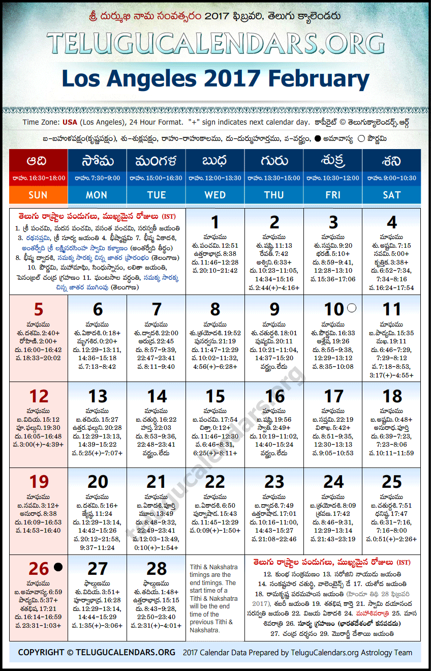 Telugu Calendar 2017 February, Los Angeles