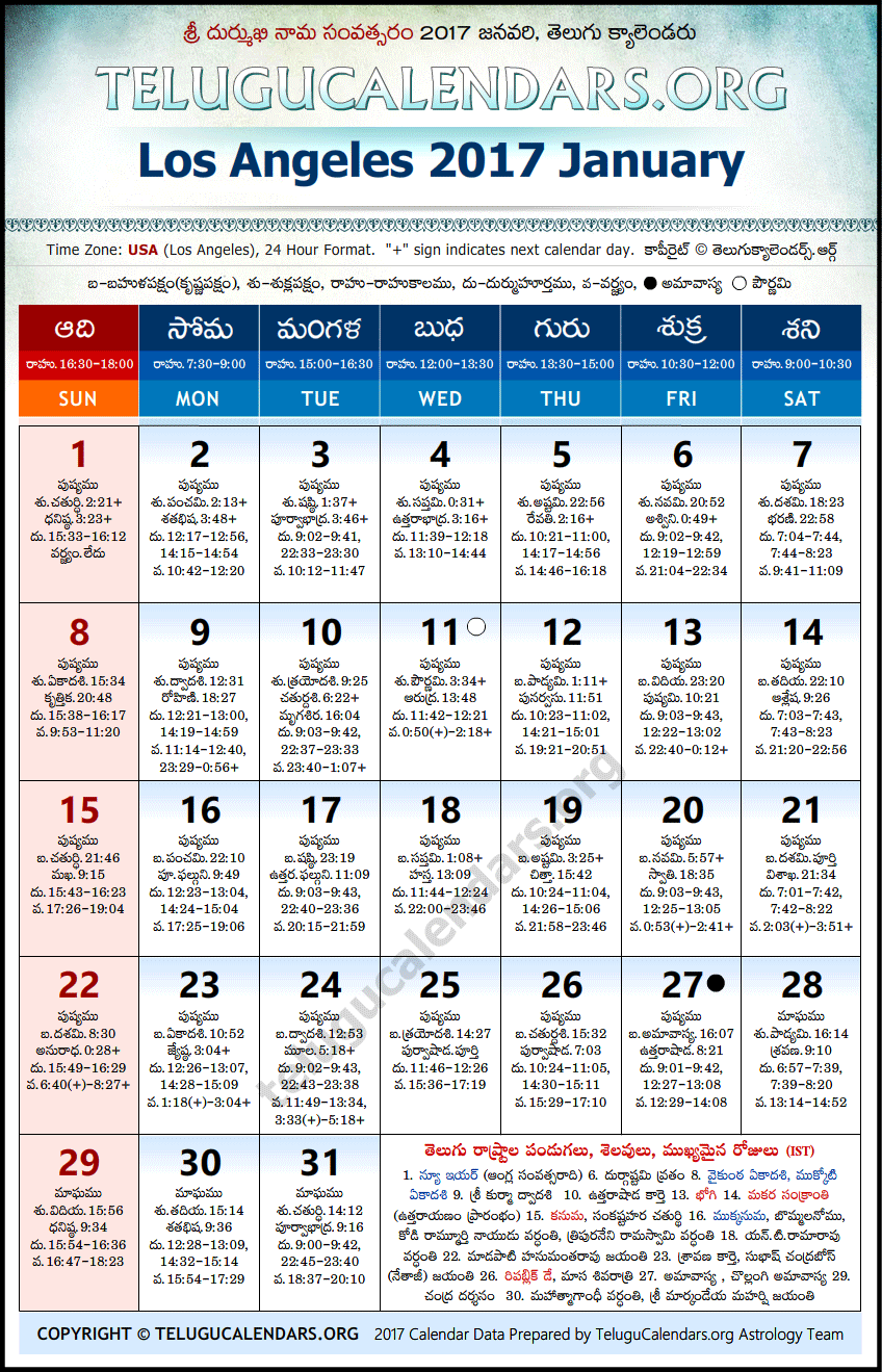 Telugu Calendar 2017 January, Los Angeles