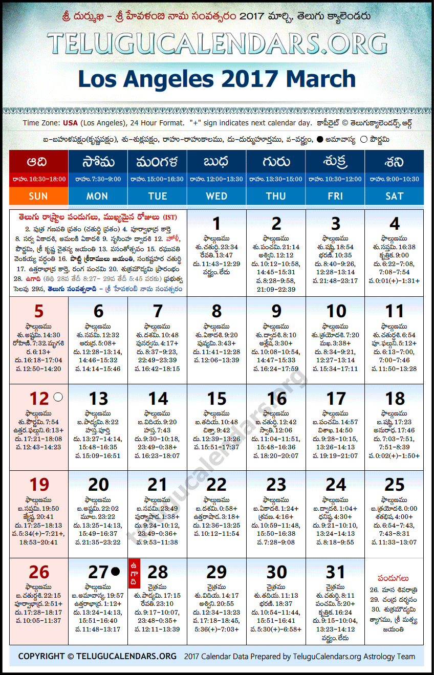 Telugu Calendar 2017 March, Los Angeles