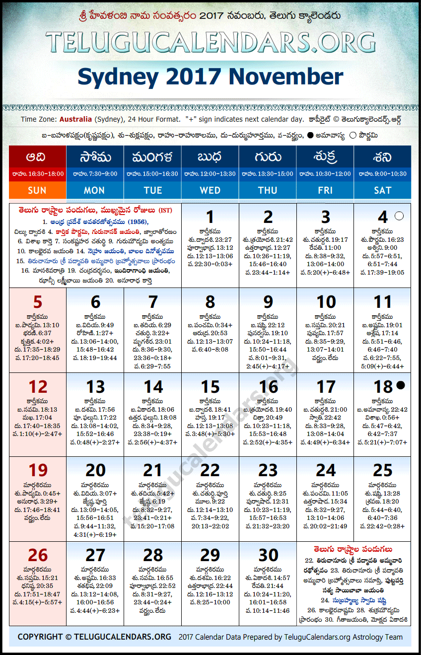 Sydney Telugu Calendars 2017 November