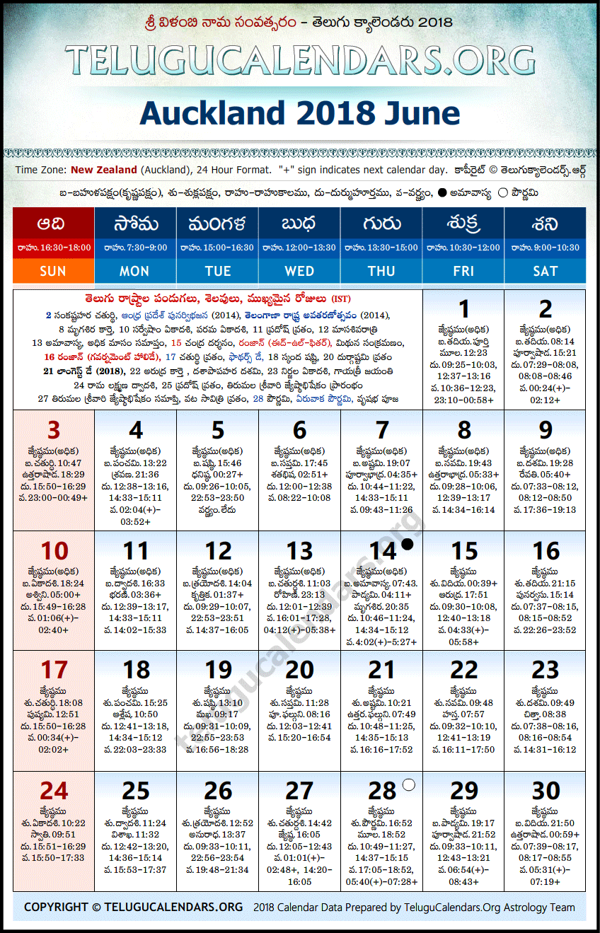 Telugu Calendar 2018 June, Auckland