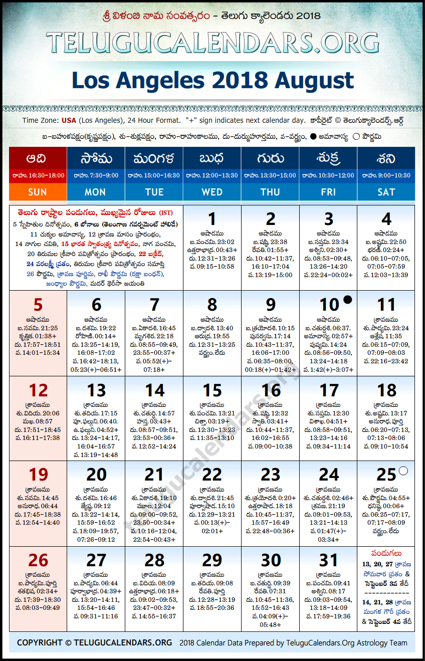 Telugu Calendar 2018 August, Los Angeles