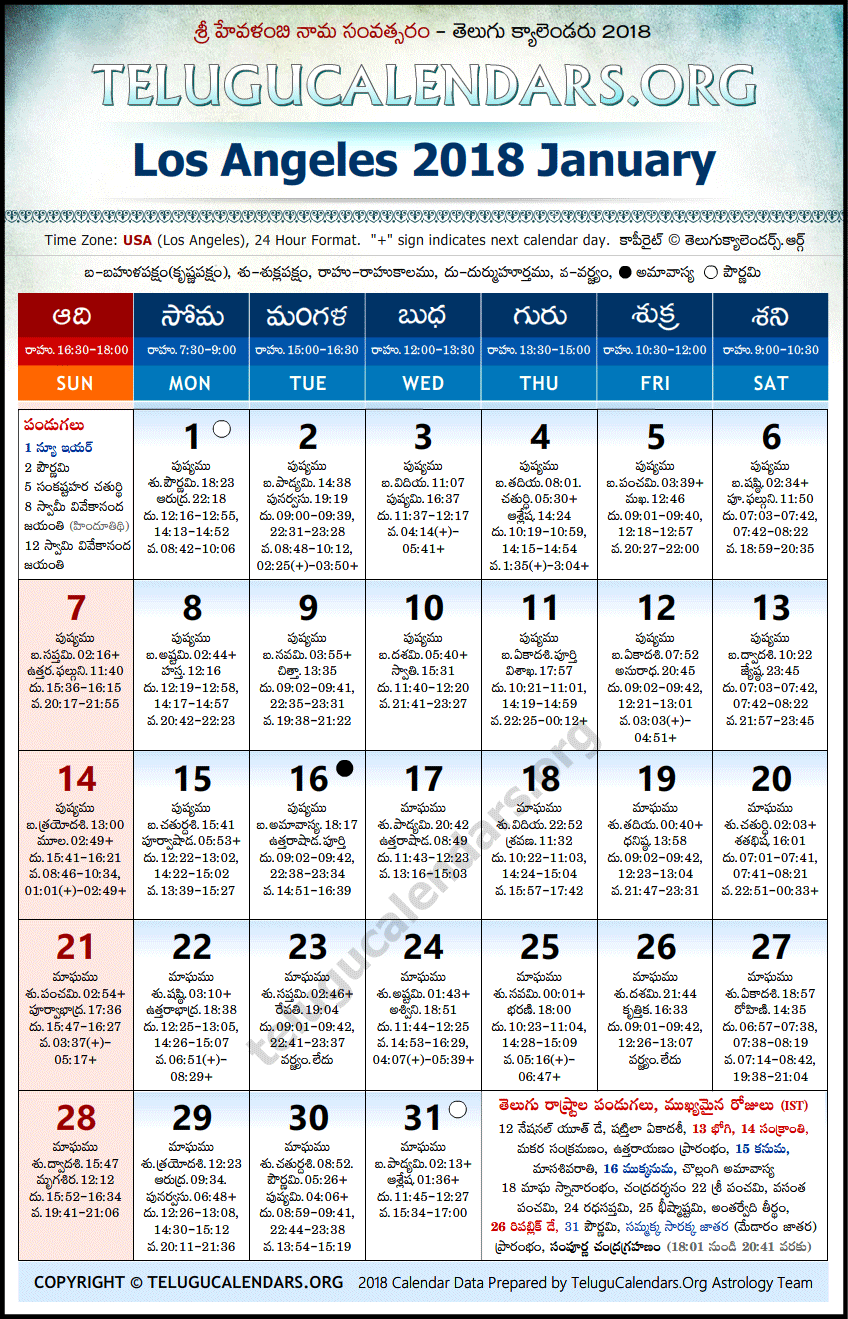 Telugu Calendar 2018 January, Los Angeles