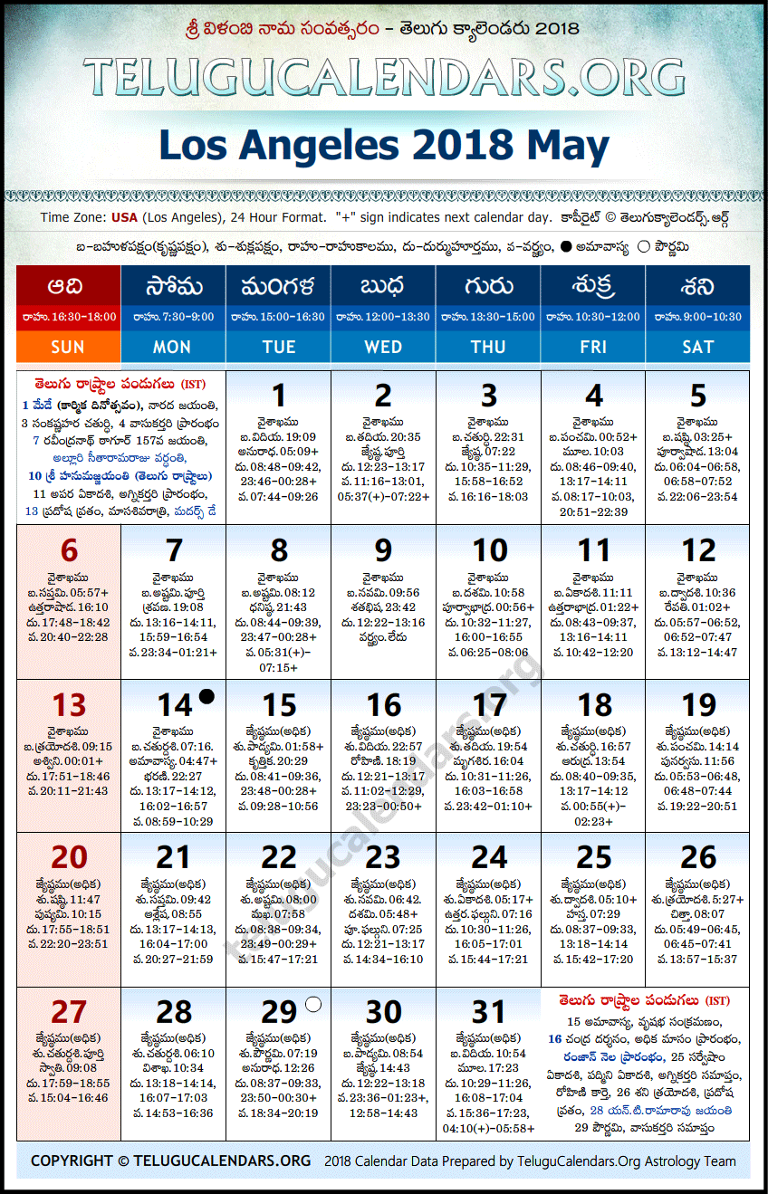 Telugu Calendar 2018 May, Los Angeles