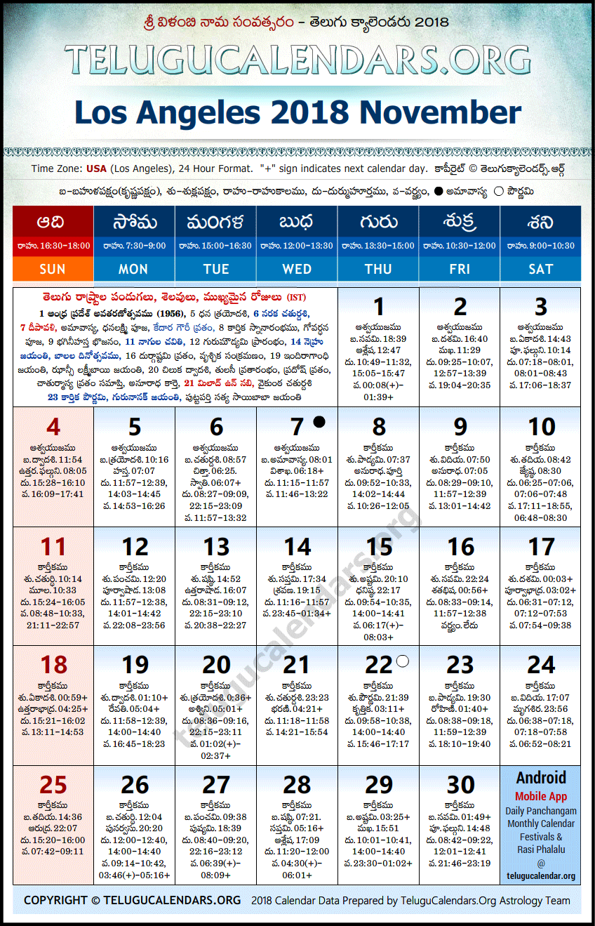 Telugu Calendar 2018 November, Los Angeles