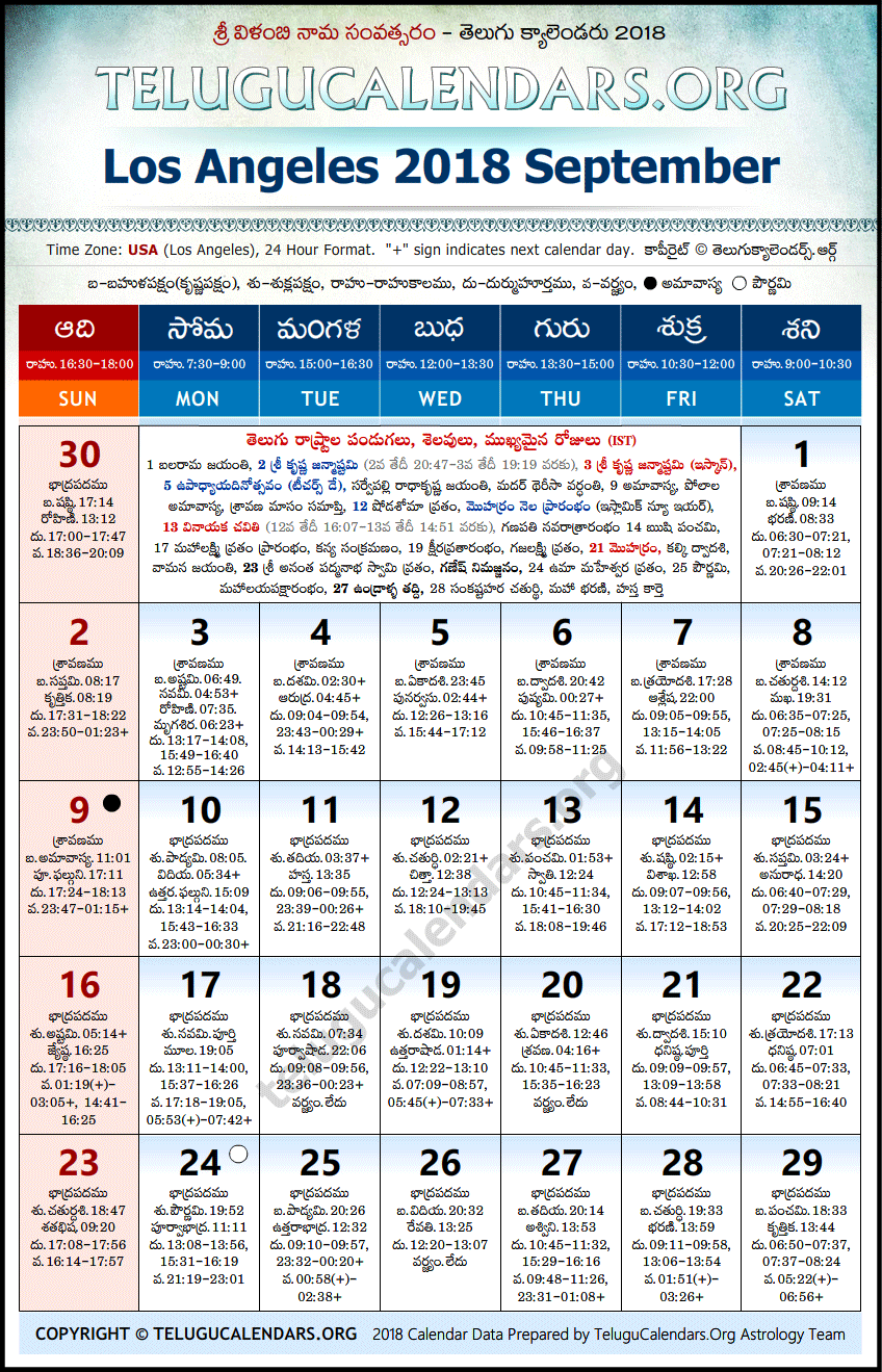 Telugu Calendar 2018 September, Los Angeles