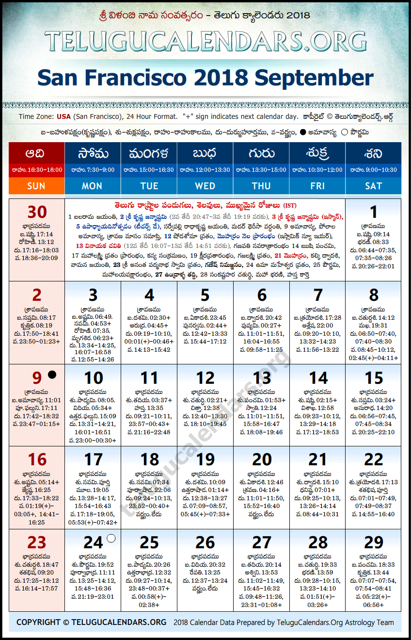 Telugu Calendar 2018 September, San Francisco
