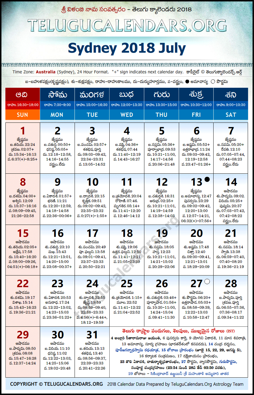 Telugu Calendar 2018 July, Sydney