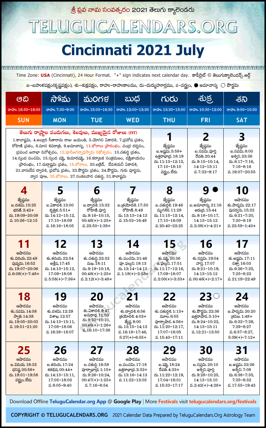 Cincinnati | Telugu Calendars 2021 July