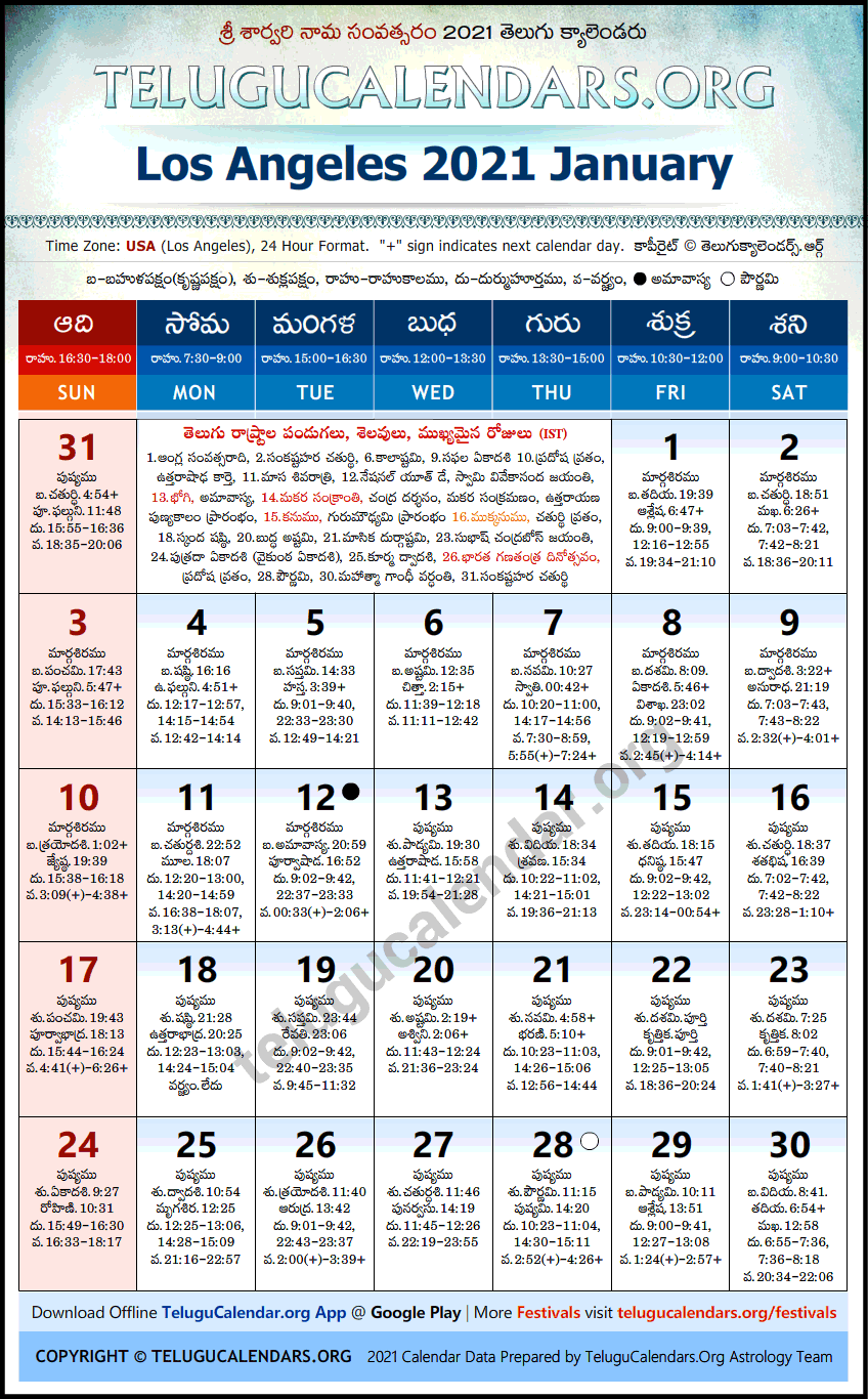 Telugu Calendar 2021 January, Los Angeles
