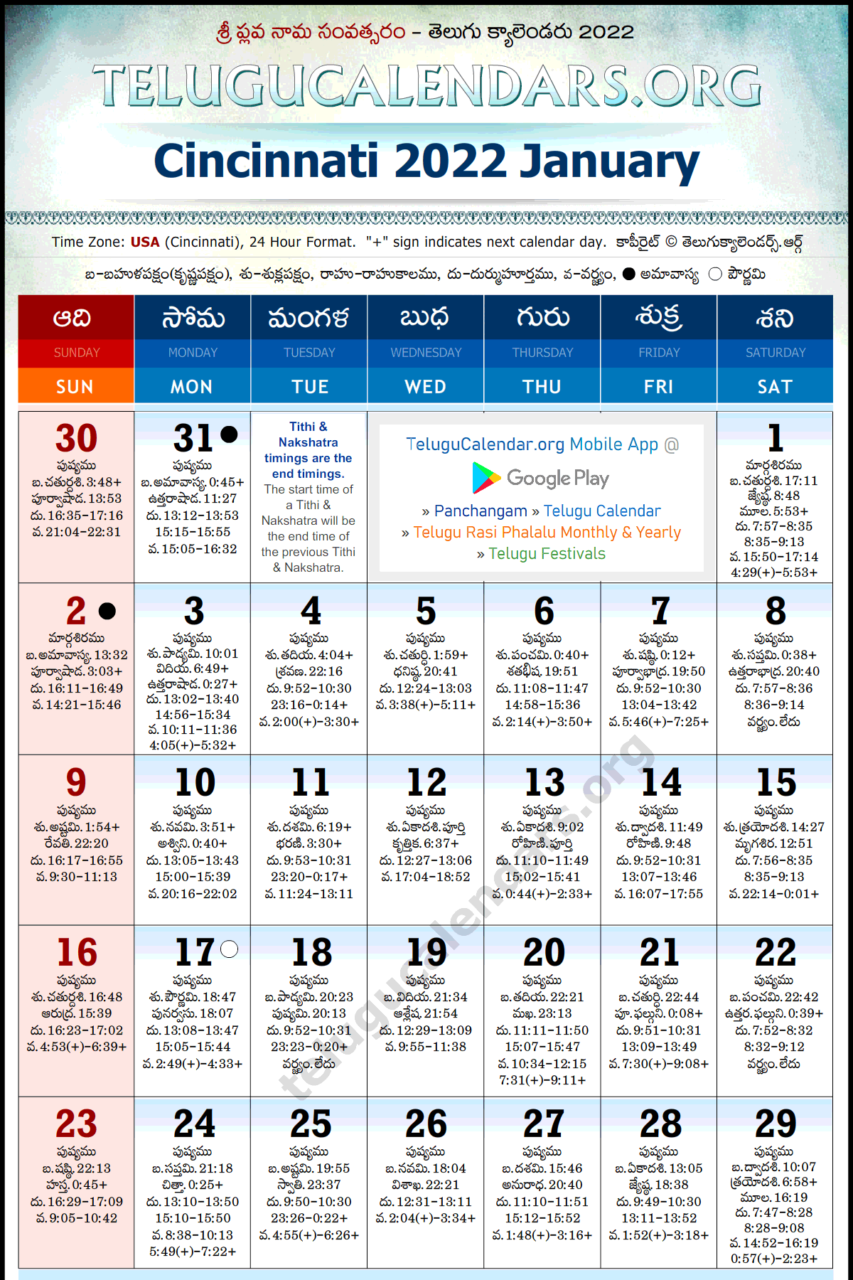 Telugu Calendar 2022 January, Cincinnati