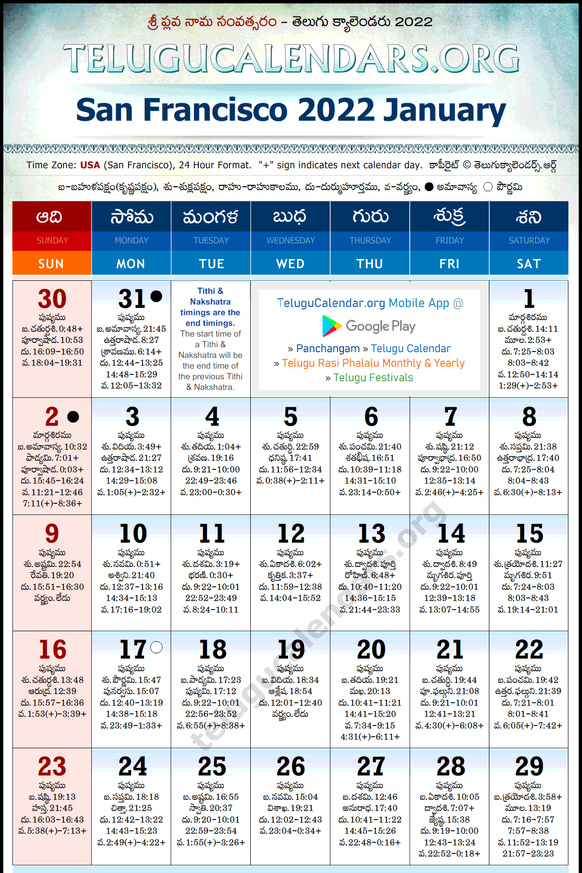Telugu Calendar 2022 January, San Francisco