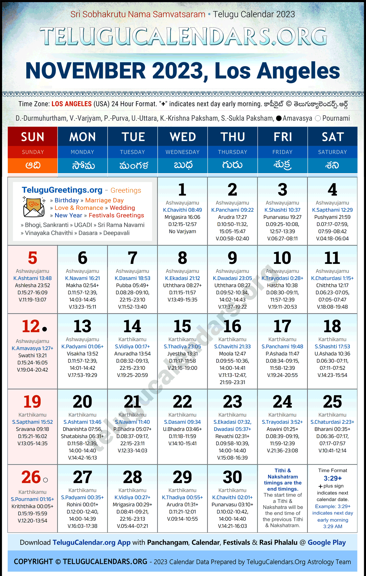 Los Angeles 2023 November Telugu Calendar Festivals & Holidays in