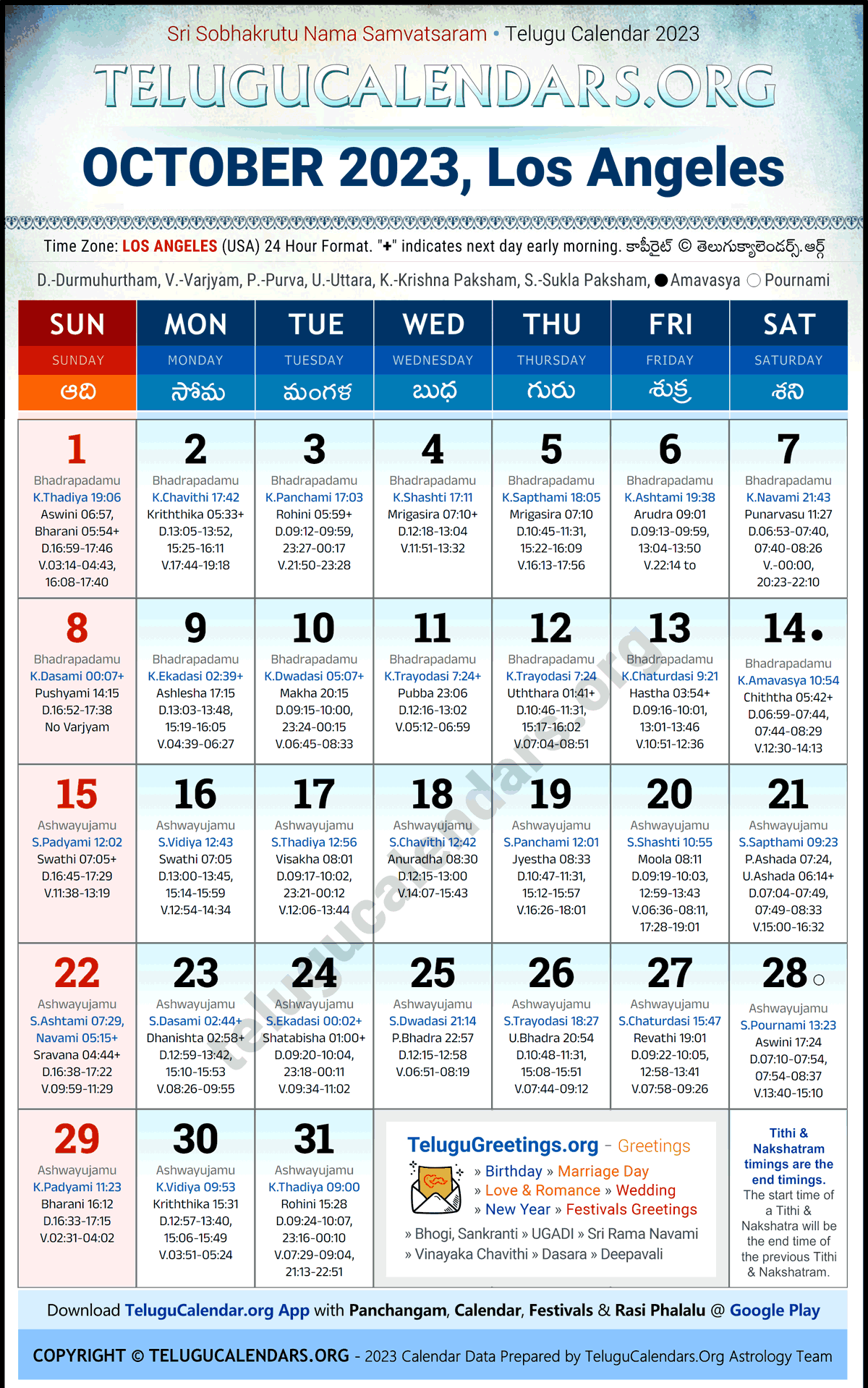 Los Angeles 2023 October Telugu Calendar Festivals & Holidays in