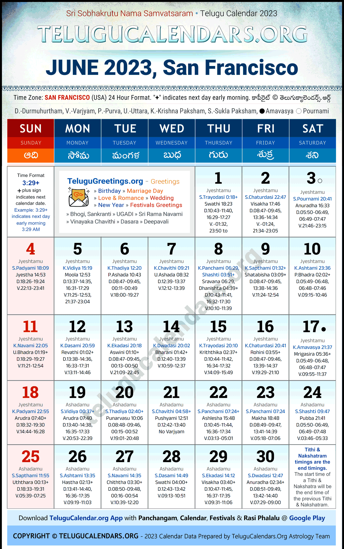 San Francisco 2023 June Telugu Calendar Festivals & Holidays in English