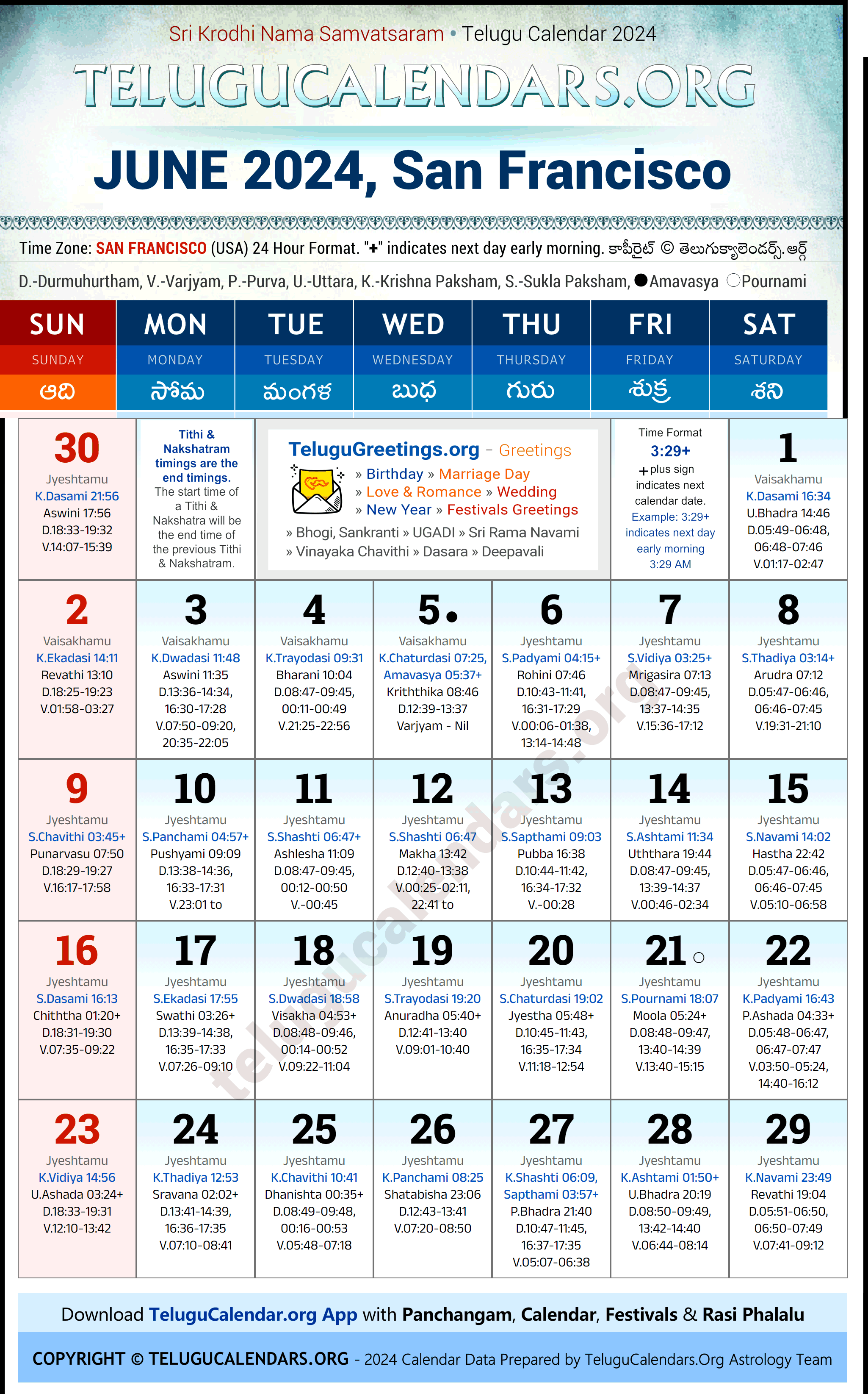 San Francisco 2025 June Telugu Calendar Festivals & Holidays in English