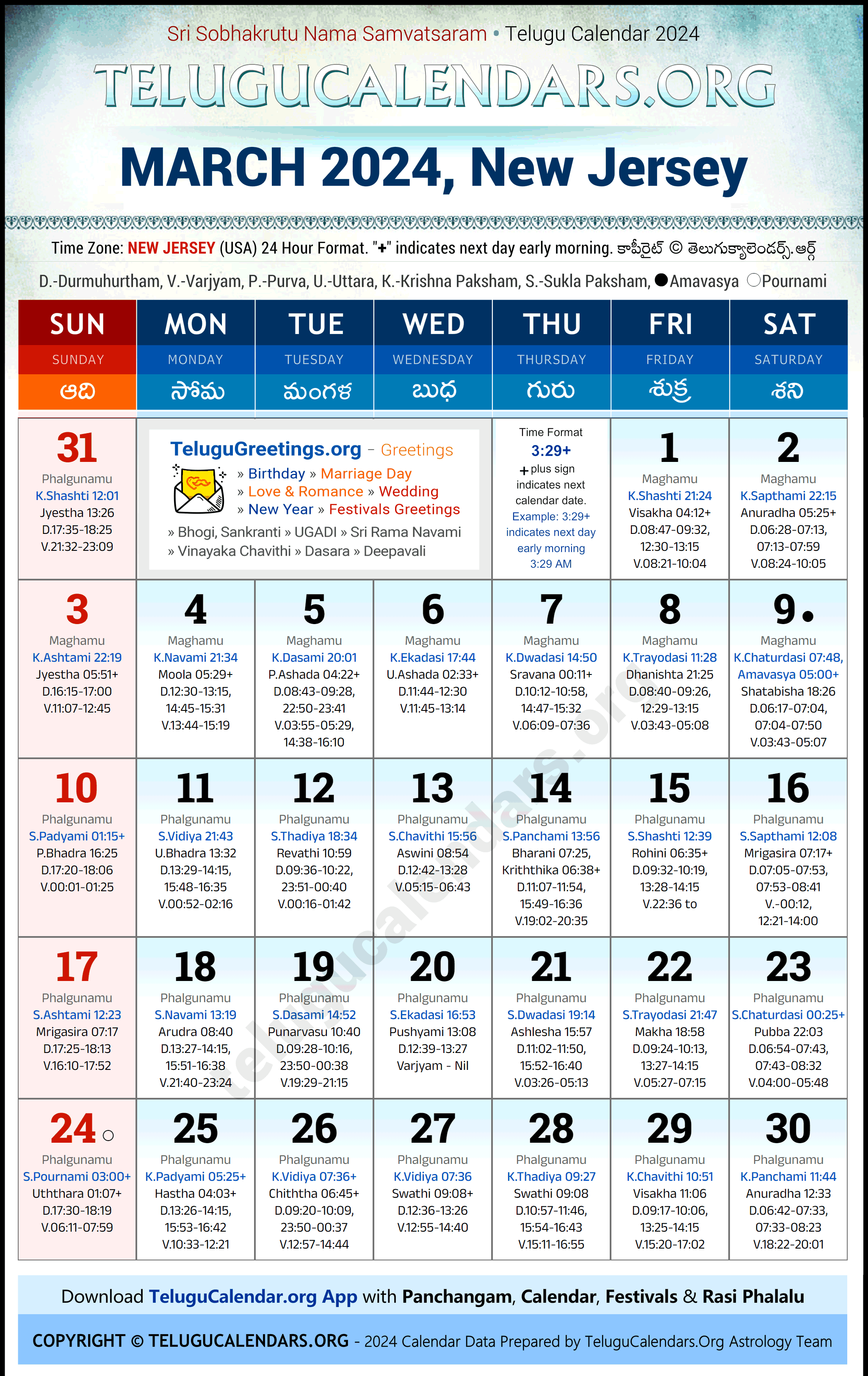Telugu Calendar 2024 March Festivals for New Jersey