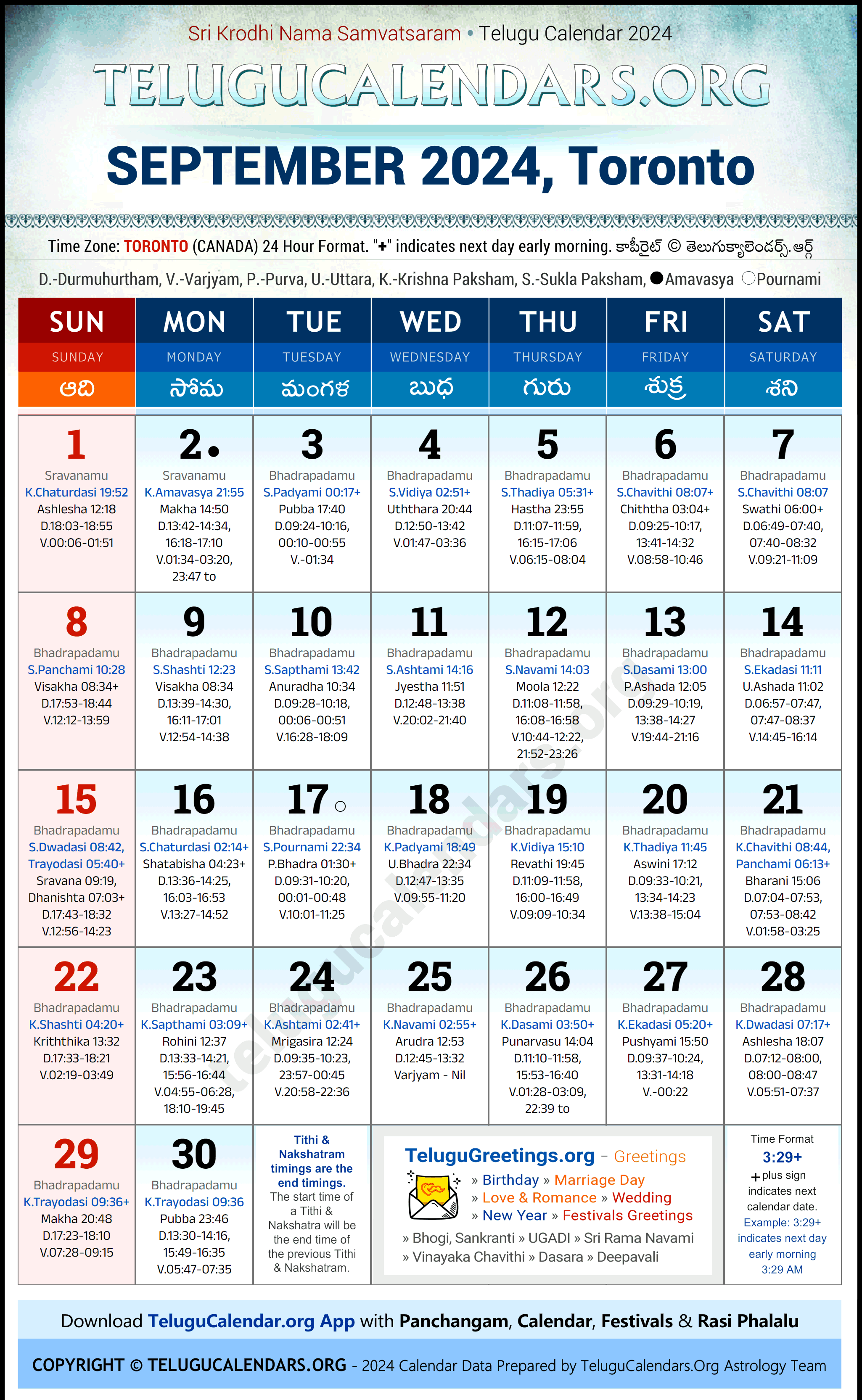 Telugu Calendar 2024 September Festivals for Toronto